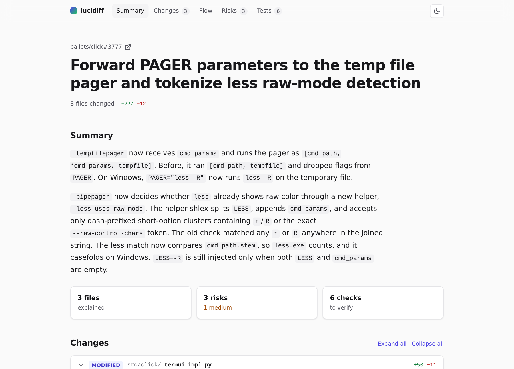 The explainer for pallets/click#3777: title, summary, and cards for 3 files, 3 risks, and 6 checks
